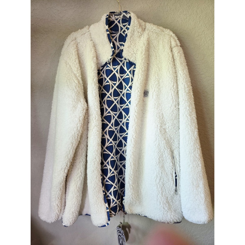 USA Palm Retro Print Men Blue White Reversible Sherpa Full Zip Billion Large XXL